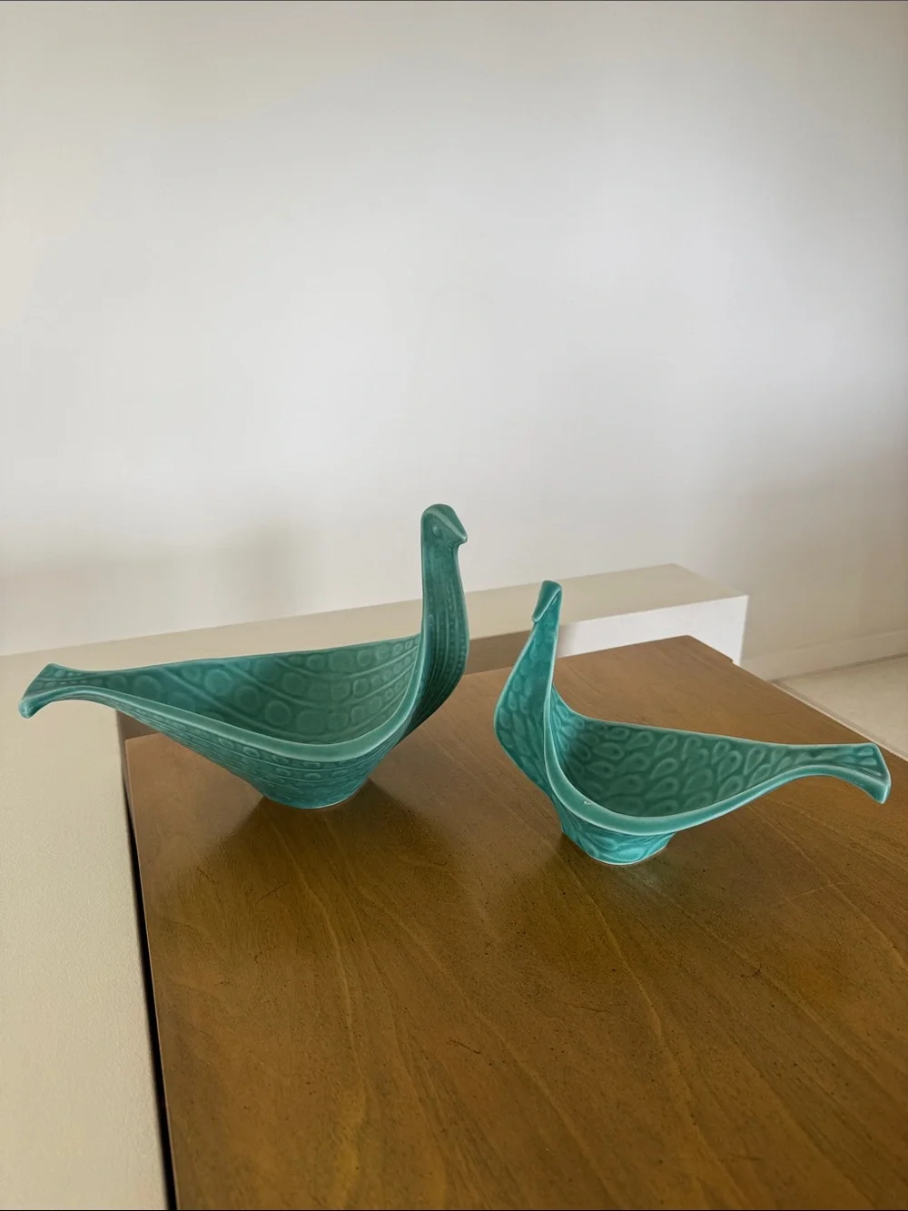 Jonathan Adler Ceramic Bird Dishes in Teal Green